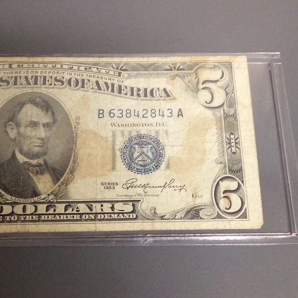 1953 Circulated $5 Silver Certificate in a Toploader - Picture 3 of 4